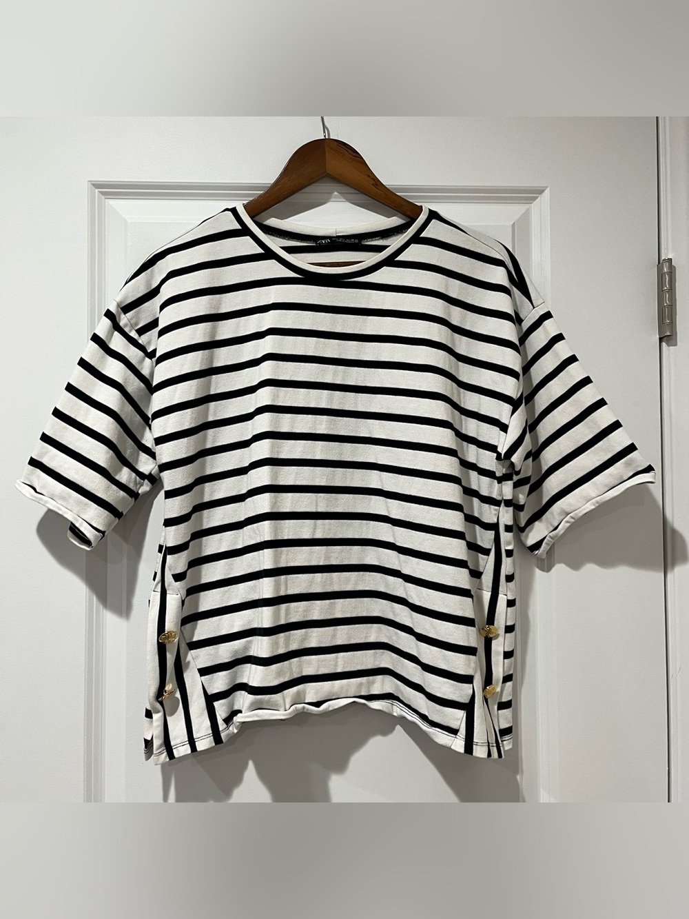 Zara Black & White Striped Crew Neck Tee